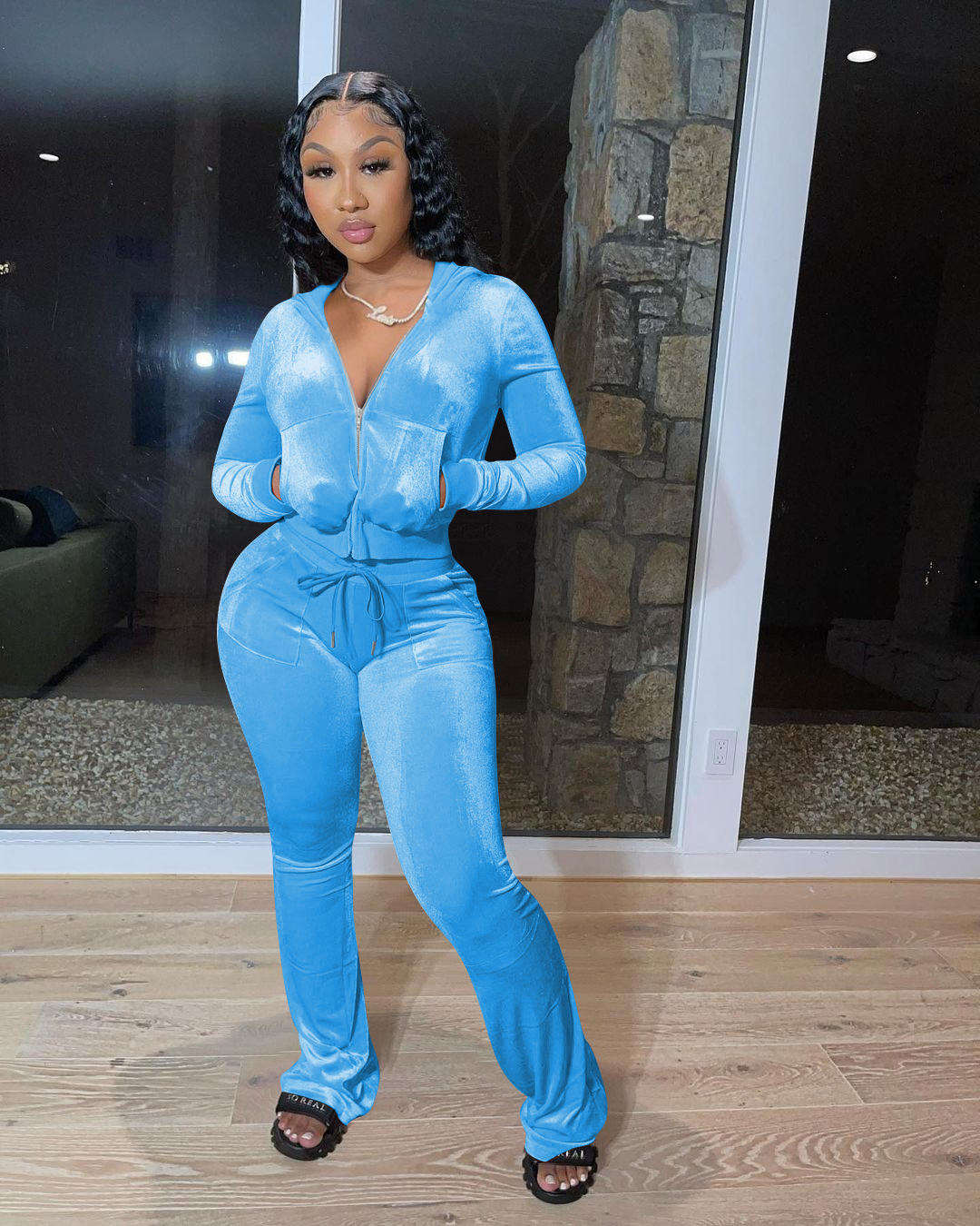 Hot Sale Fall Women's Hoodie Set Zipper Pocket Crop Top Jacket Velvet Jogging Suit Velour Tracksuits Women Two Piece Set - slika 4