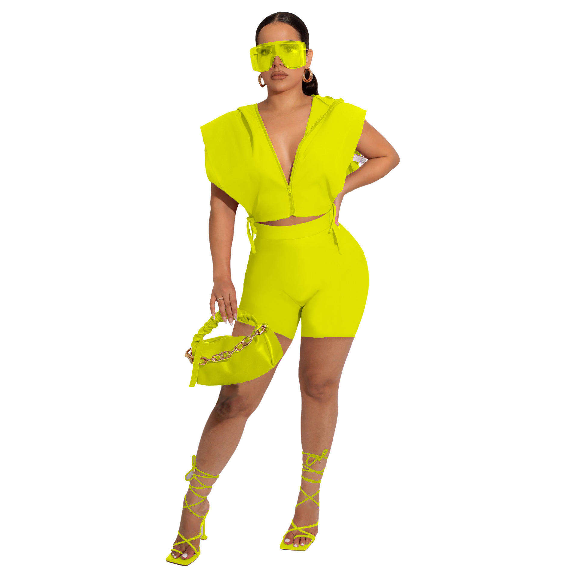 Fashion Women Clothing Sleeveless Zip Crop Top 2 Piece Shorts Set Womens Solid Color Two Piece Pants Sets - slika 4