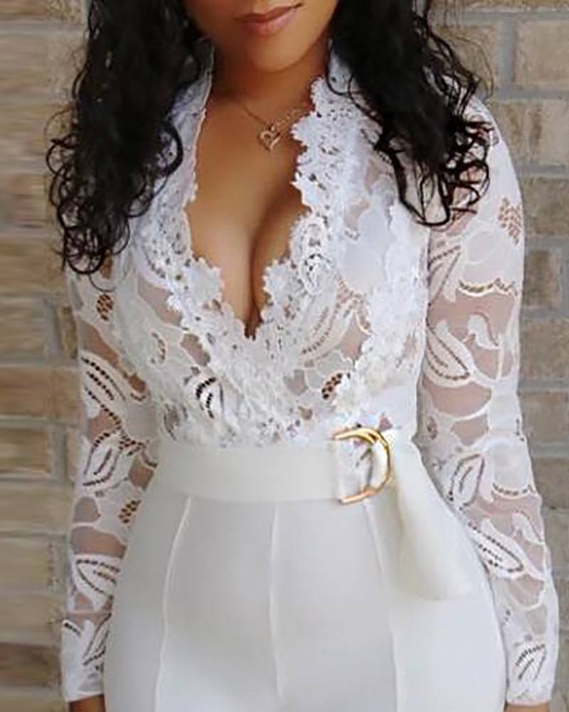 Women's White Floral Lace Long Jumpsuit Long Sleeve Sexy Casual Fall Outfit for Wholesale - Image 4