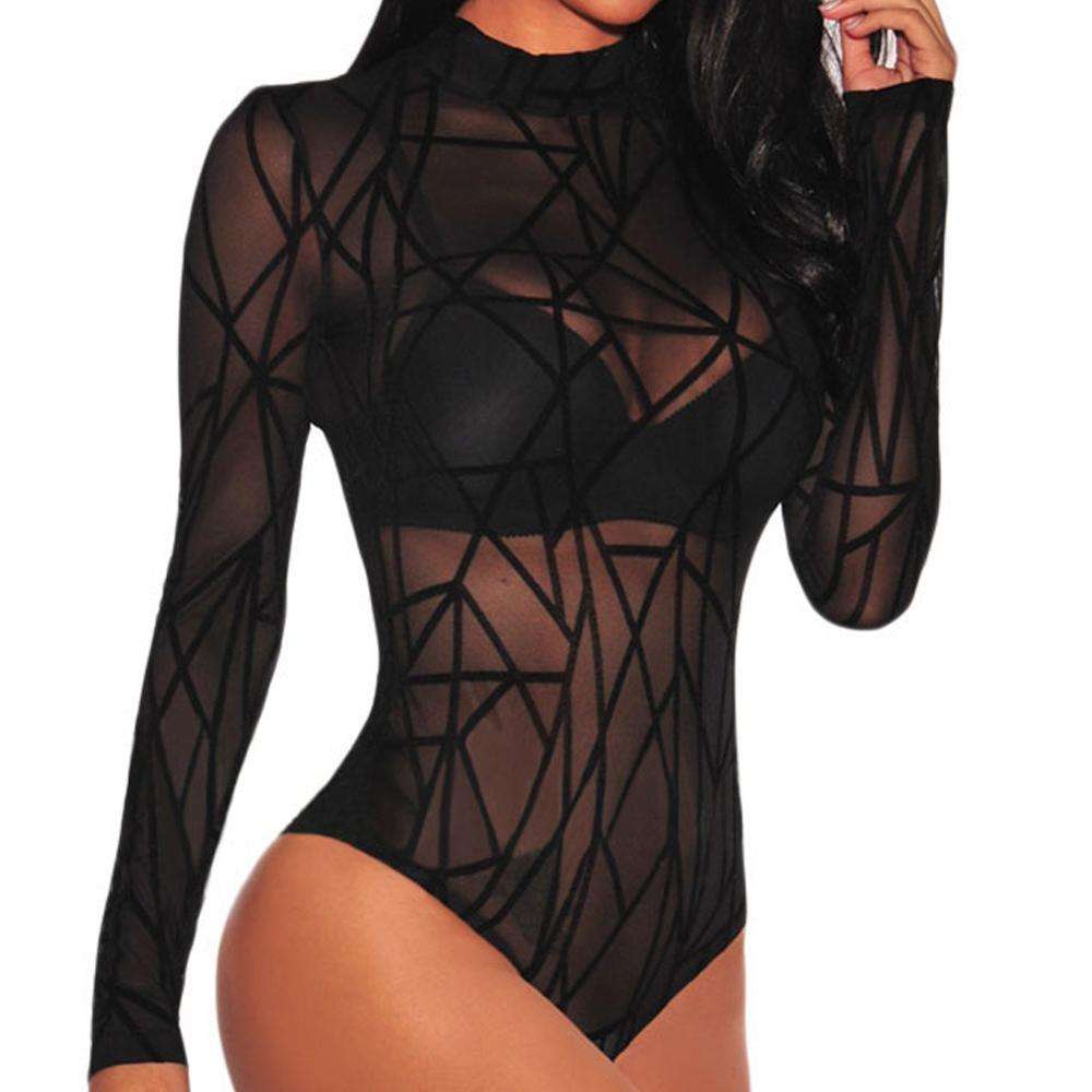 Spring Latest Design Black Sheer Long Sleeve Bodysuit for Women – Image 4