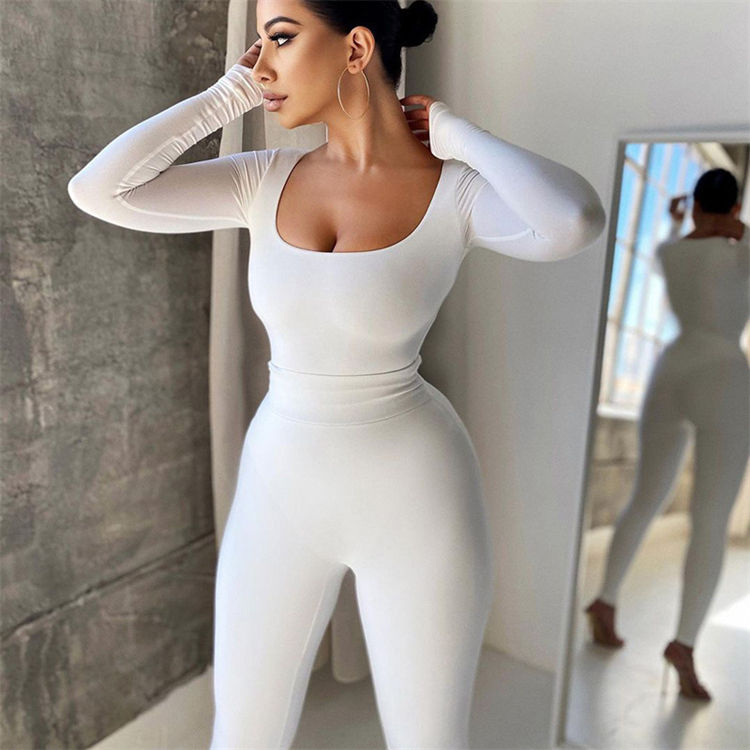 Women's New Solid Color Low-cut Long-sleeved Slim Jumpsuit High-waisted Trousers Sets - Image 4