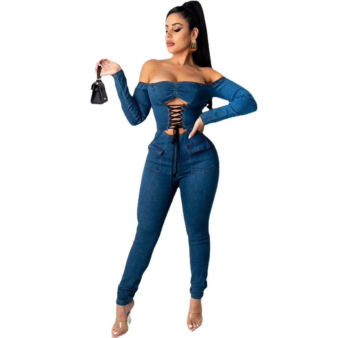 New Fashion Women's Fashion One-line Shoulder Strap Sexy Blue Jean Jumpsuit - Vaizdas 4