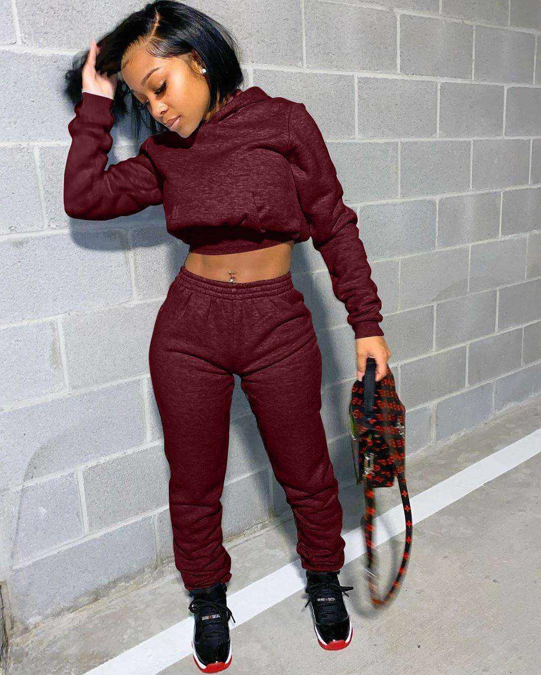 Custom Logo Women Clothing Two Piece Pants Set Crop Hoodie Print Embroidery Womens Hoodie Set - Attēls 4