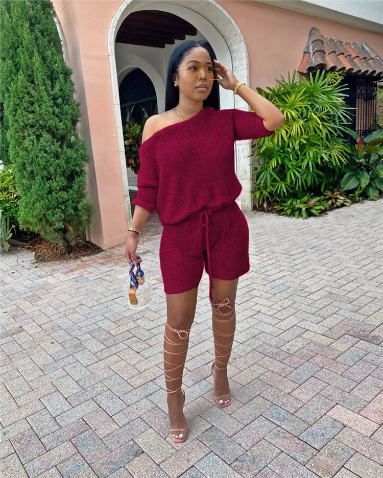 Women 2 Piece Outfit Casual One Shoulder Long Sleeve Loose Tops Drawstring Biker Shorts Set — изображение 4