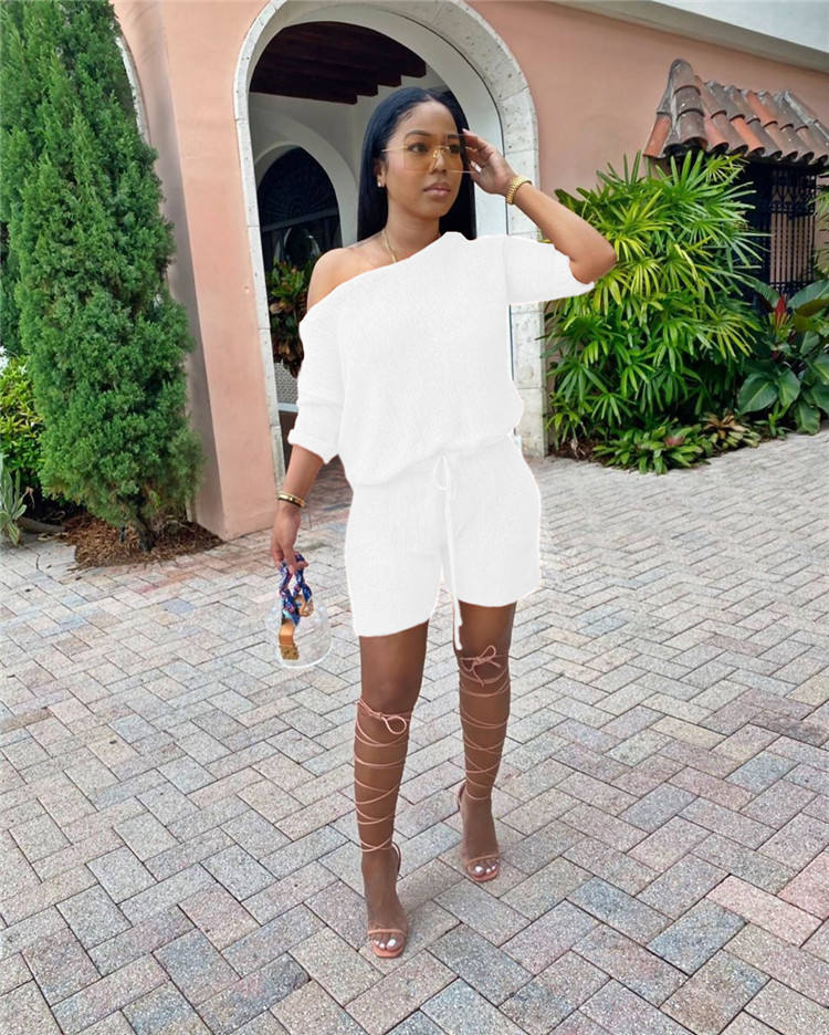 Women 2 Piece Outfit Casual One Shoulder Long Sleeve Loose Tops Drawstring Biker Shorts Set — изображение 5