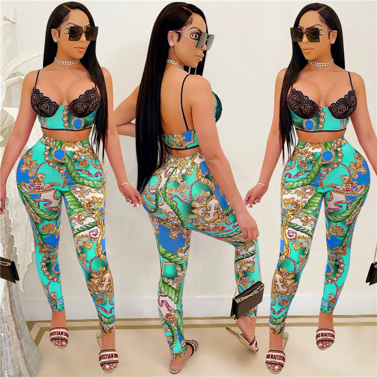 Summer Women's Lace Set Sexy Casual V-neck Top With Long Pant Set Tracksuit Print Two Piece Set - Attēls 5