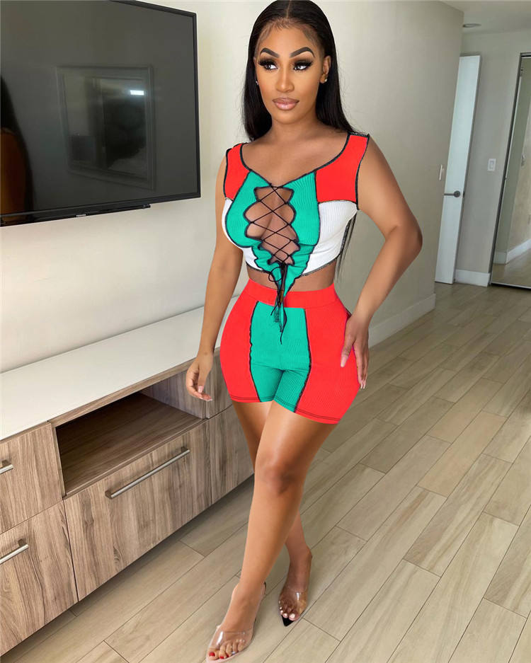 Summer Women Sexy Hollow Out Lace up Crop Tops Shorts Set Outfit Night Party Club Sets Ribbed Knit Patchwork Two Piece Set - Imagem 5