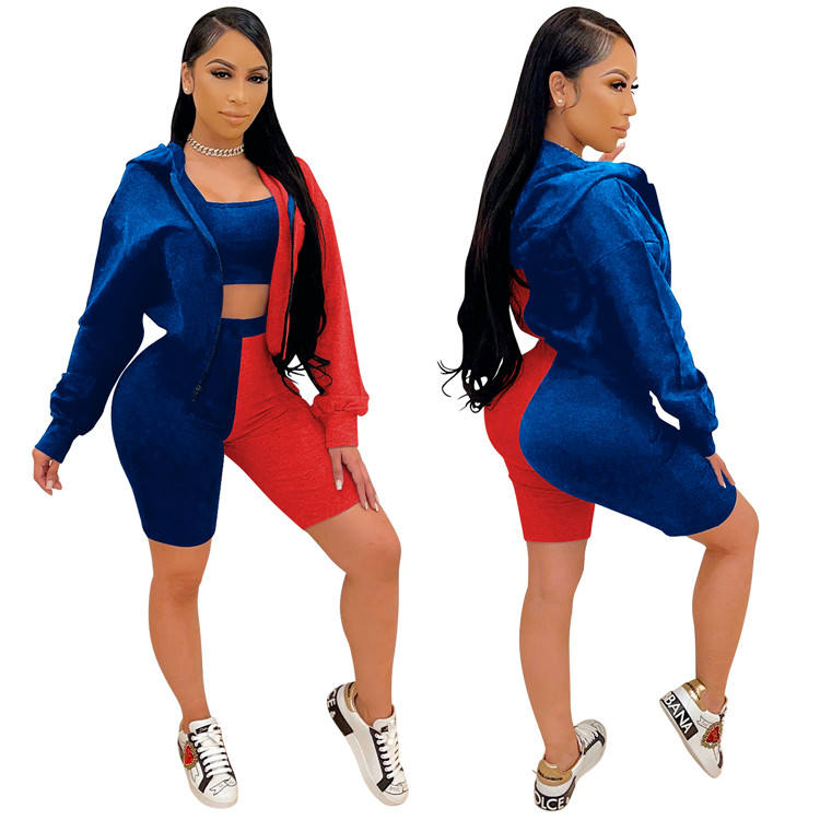 Outfits Zipper Coat With Top Short Pants Set 3 Piece Set Patchwork Tracksuit Summer Women Suit - Attēls 5