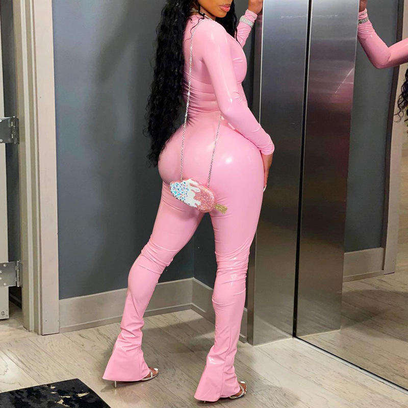 High Quality Fall Women Two Piece Clothing PU Bodycon Solid Color Long Sleeve Blouse Wide Leg Pants Women Sweat Suit Set - slika 5