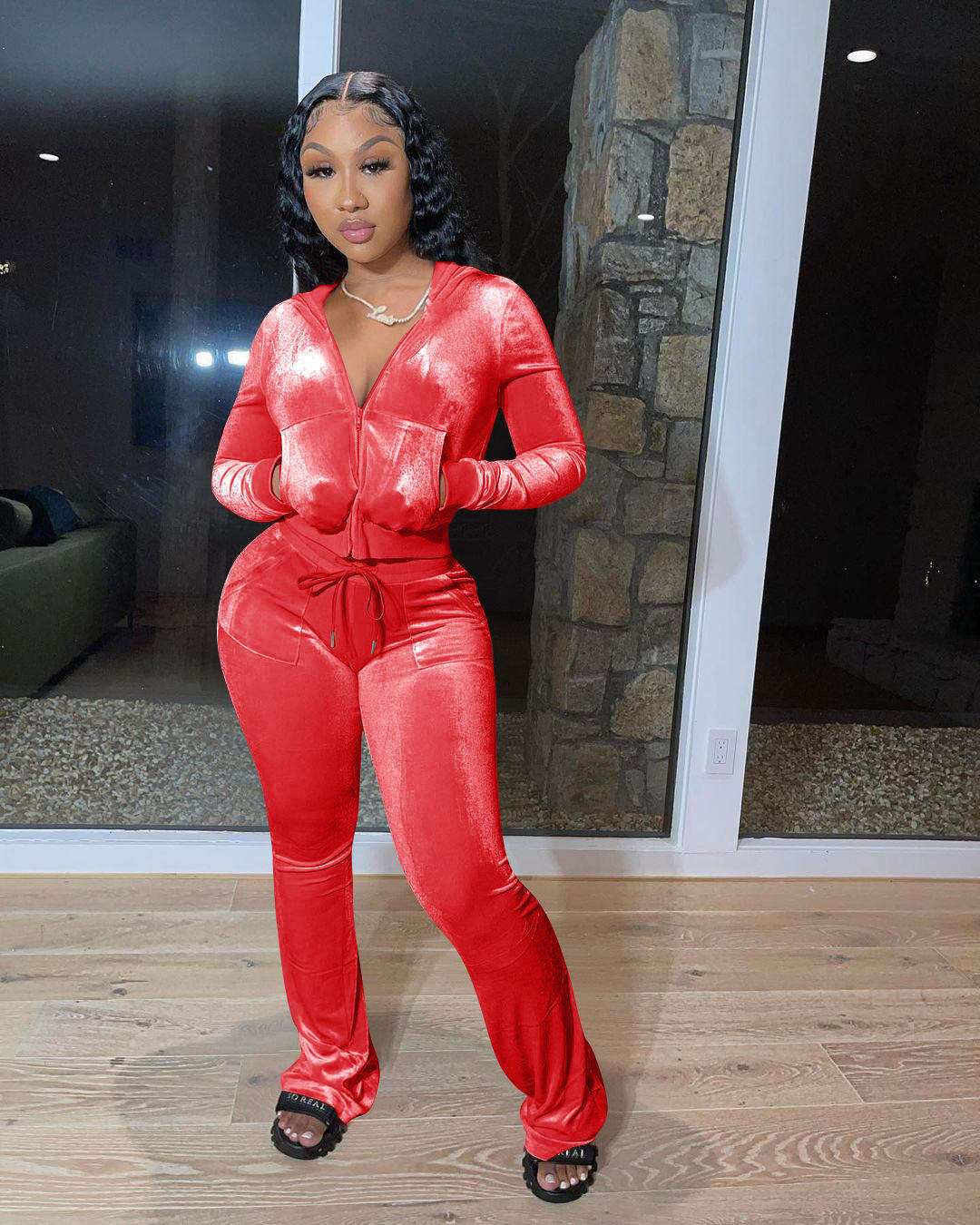 Hot Sale Fall Women's Hoodie Set Zipper Pocket Crop Top Jacket Velvet Jogging Suit Velour Tracksuits Women Two Piece Set - slika 5