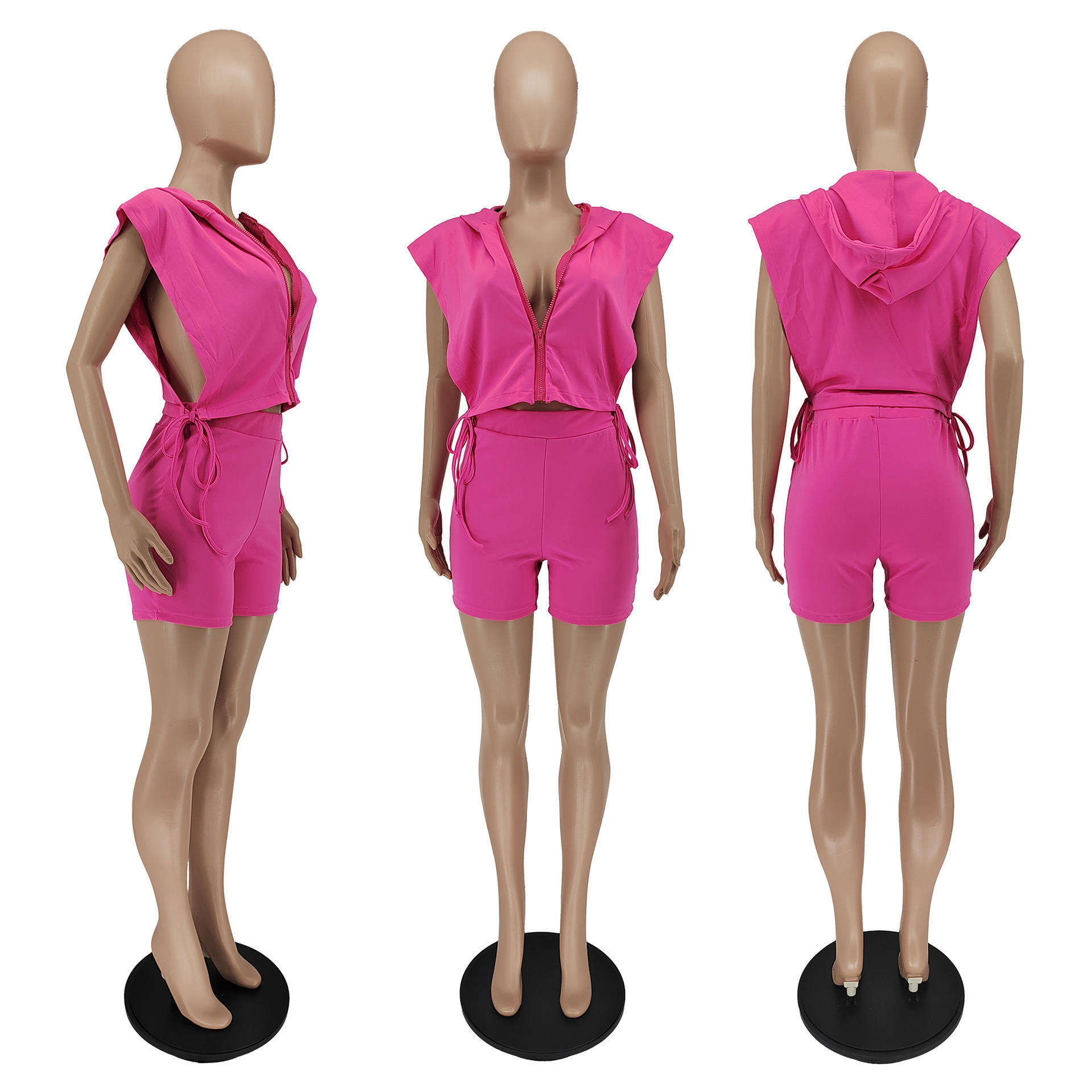 Fashion Women Clothing Sleeveless Zip Crop Top 2 Piece Shorts Set Womens Solid Color Two Piece Pants Sets - slika 5