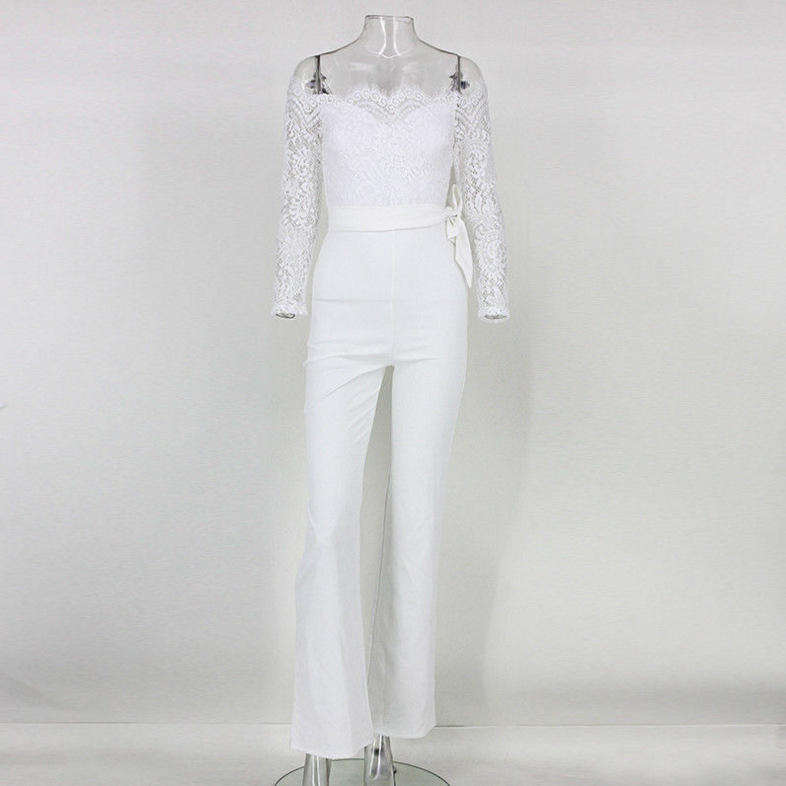Women's White Floral Lace Long Jumpsuit Long Sleeve Sexy Casual Fall Outfit for Wholesale - Image 5
