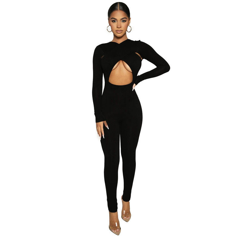Women New Design Hot Selling Cross Boob Tube Long Sleeve Autumn Sexy Solid Jumpsuit Women - Vaizdas 5