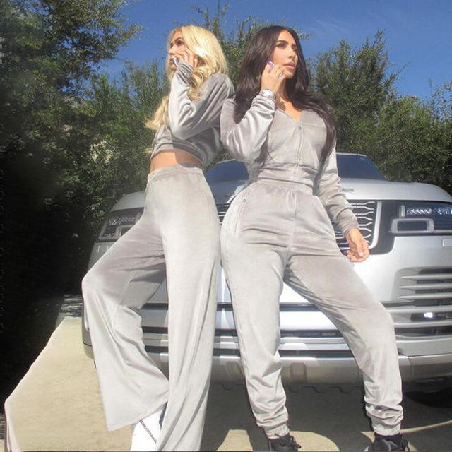 Wholesale Custom Crop Top Long Pants Velvet Sweat Suits Sets 2 Piece Velour Tracksuit for Women - Vaizdas 5