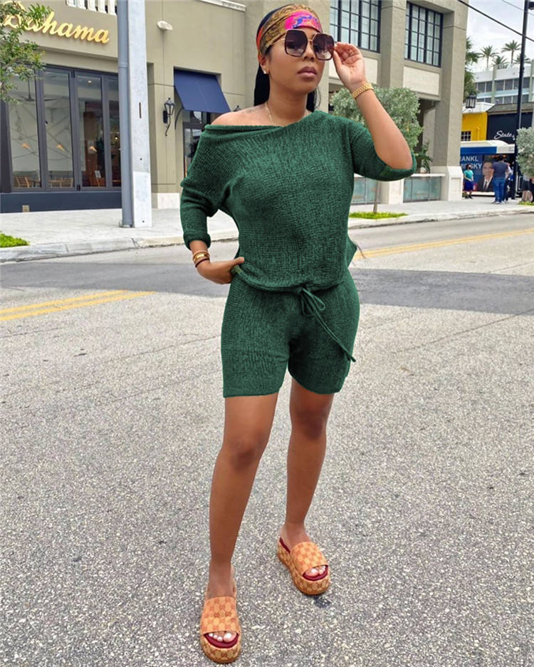 Women 2 Piece Outfit Casual One Shoulder Long Sleeve Loose Tops Drawstring Biker Shorts Set — изображение 6