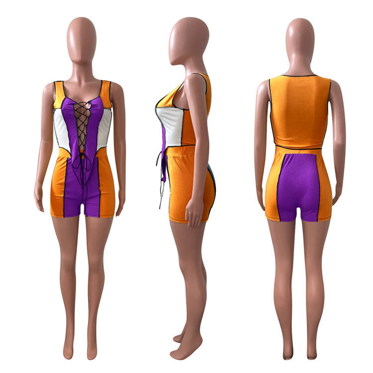 Summer Women Sexy Hollow Out Lace up Crop Tops Shorts Set Outfit Night Party Club Sets Ribbed Knit Patchwork Two Piece Set - Imagem 6