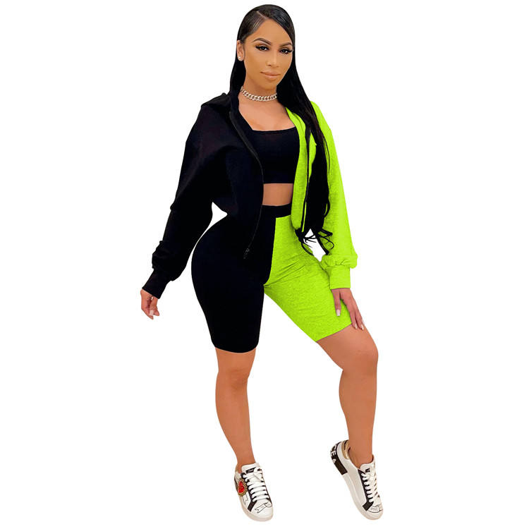 Outfits Zipper Coat With Top Short Pants Set 3 Piece Set Patchwork Tracksuit Summer Women Suit - Attēls 6