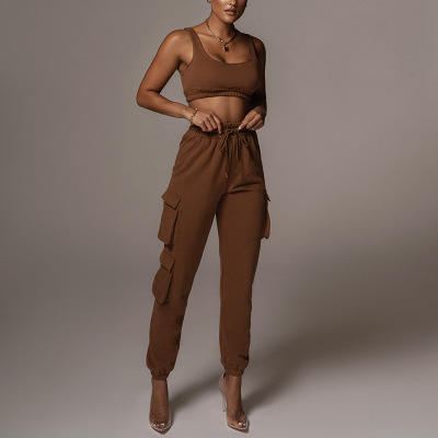 Two Piece Set Women Clothing Jogger With Pockets and Crop Top Vest Yoga Set Hot Selling Custom Logo Knit Women 2 Piece Outfit - imagine 6