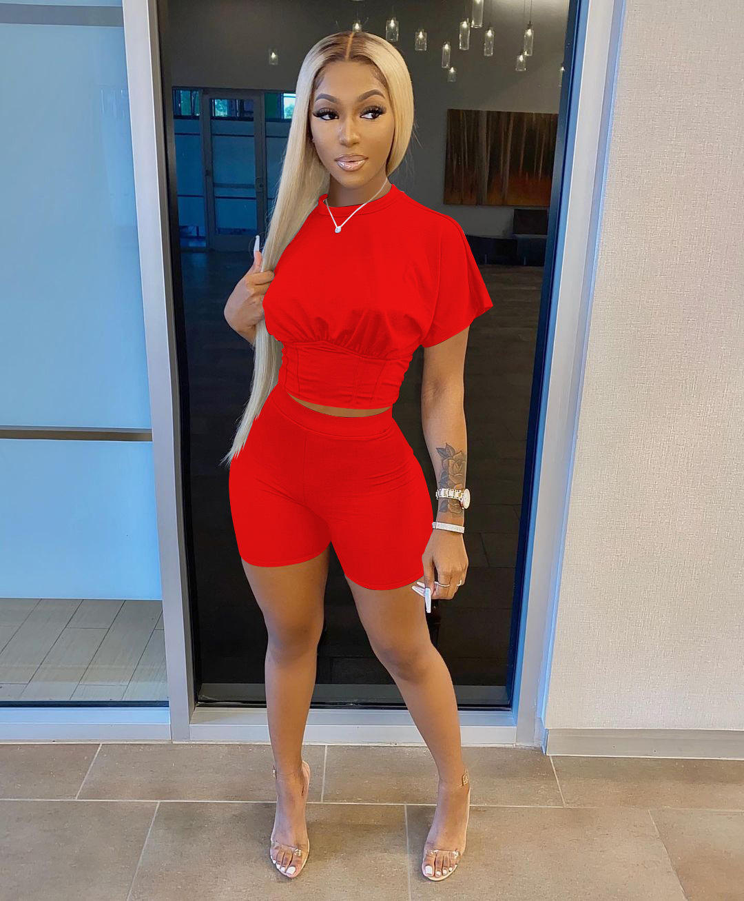 New Styles Fashion Design OEM Custom Logo Printing Plain Shirt Shorts Sets for Women - Imagem 6