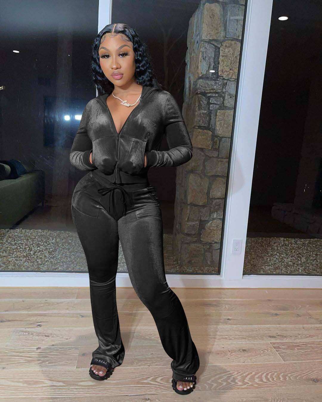 Hot Sale Fall Women's Hoodie Set Zipper Pocket Crop Top Jacket Velvet Jogging Suit Velour Tracksuits Women Two Piece Set - slika 6