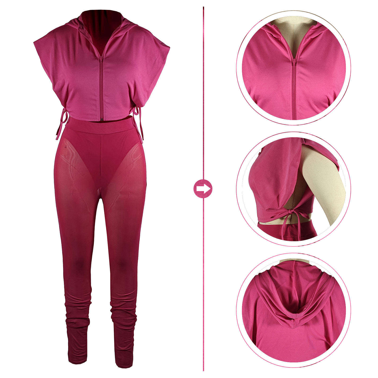 Fashion Women Clothing Sleeveless Zip Crop Top 2 Piece Shorts Set Womens Solid Color Two Piece Pants Sets - slika 6