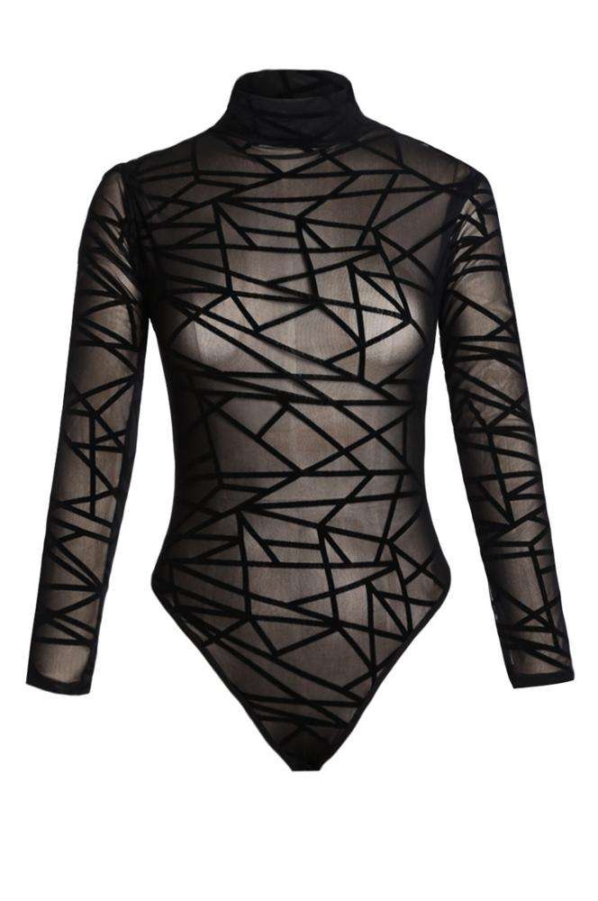 Spring Latest Design Black Sheer Long Sleeve Bodysuit for Women – Image 6