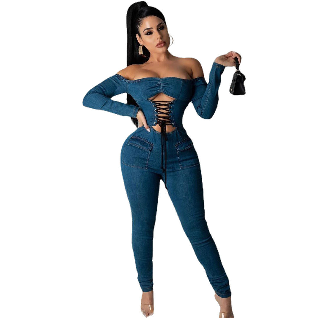 New Fashion Women's Fashion One-line Shoulder Strap Sexy Blue Jean Jumpsuit - Vaizdas 6