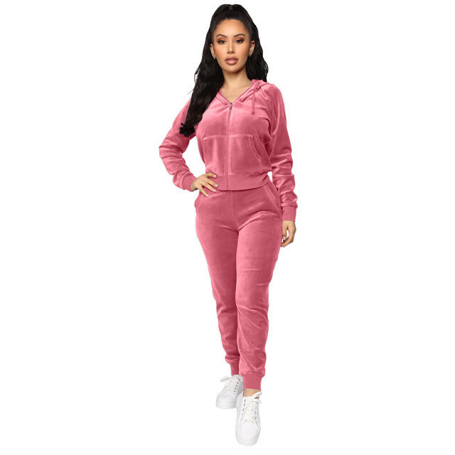 New Long Sleeve Active Jogger Suit Training Sweatsuit Women Fitted Velour Hooded Velvet Tracksuit - 이미지 6