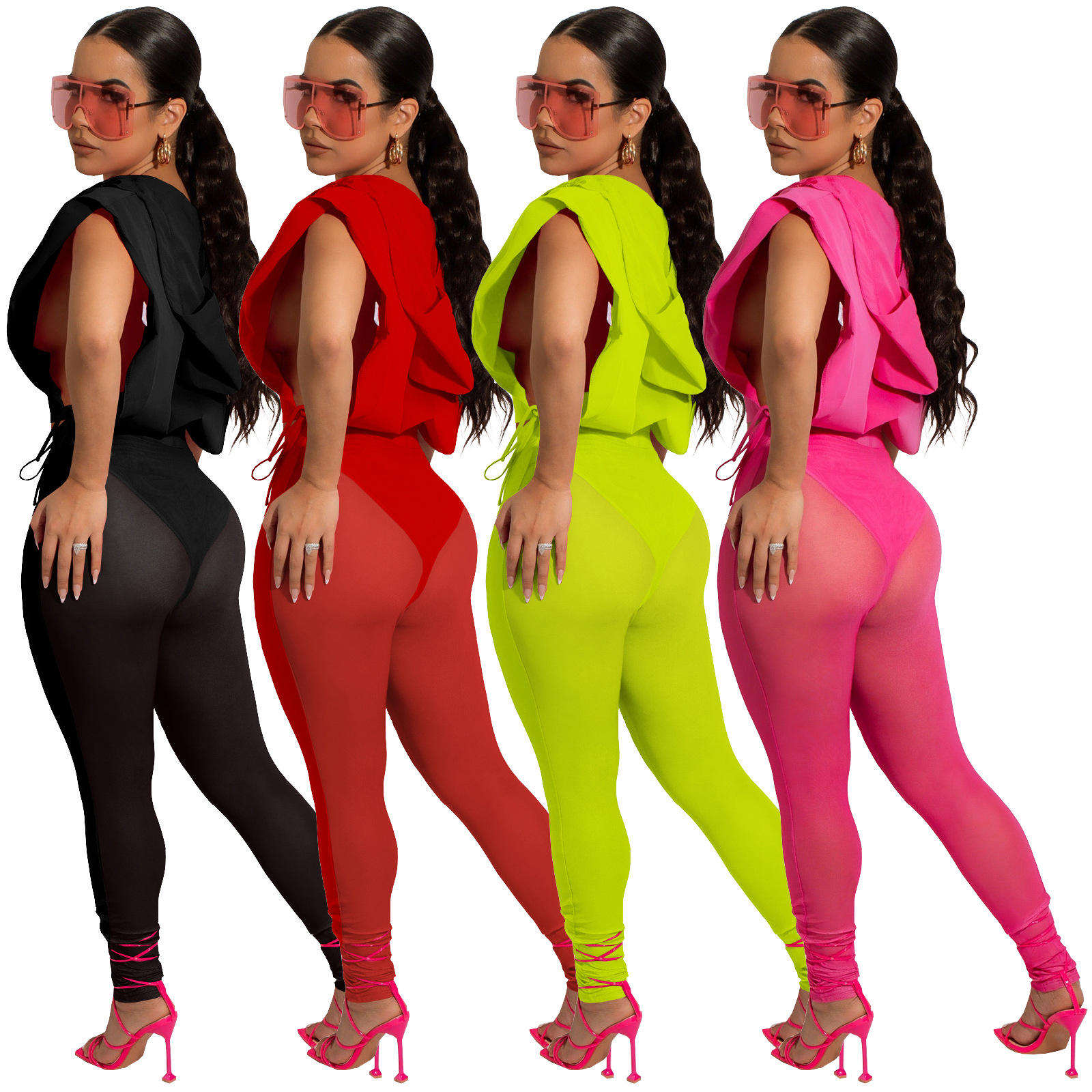 Fashion Women Clothing Sleeveless Zip Crop Top 2 Piece Shorts Set Womens Solid Color Two Piece Pants Sets - slika 7