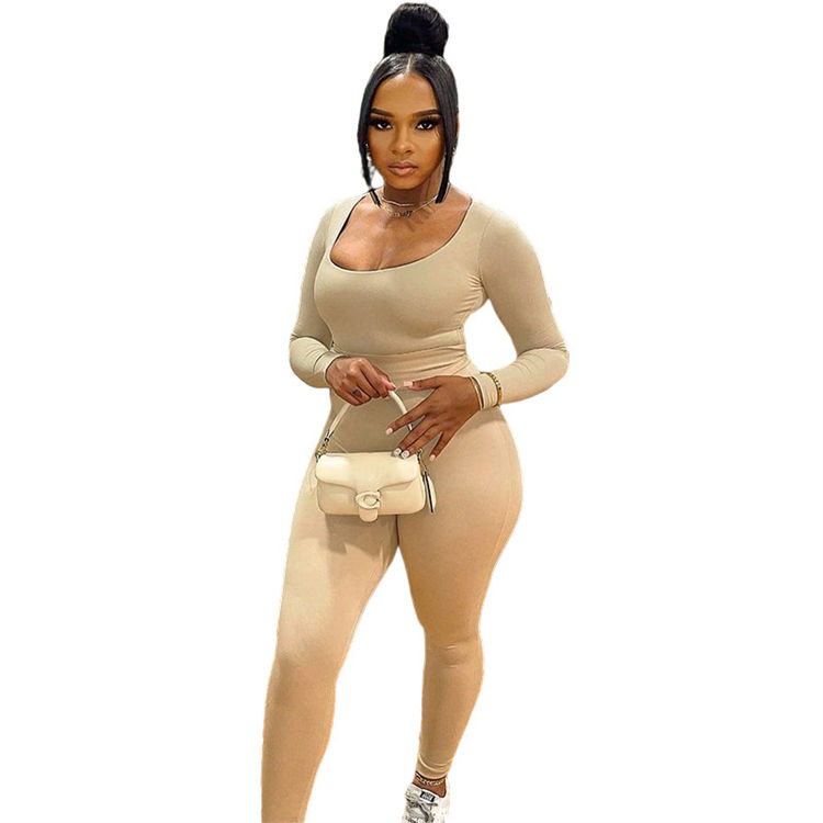 Women's New Solid Color Low-cut Long-sleeved Slim Jumpsuit High-waisted Trousers Sets - Image 7