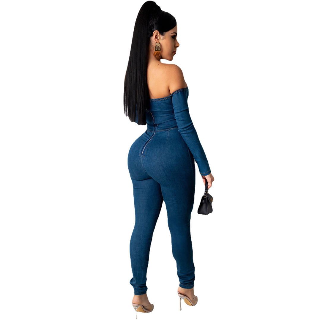 New Fashion Women's Fashion One-line Shoulder Strap Sexy Blue Jean Jumpsuit - Vaizdas 7