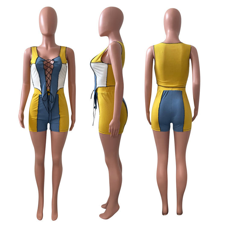 Summer Women Sexy Hollow Out Lace up Crop Tops Shorts Set Outfit Night Party Club Sets Ribbed Knit Patchwork Two Piece Set - Imagem 7